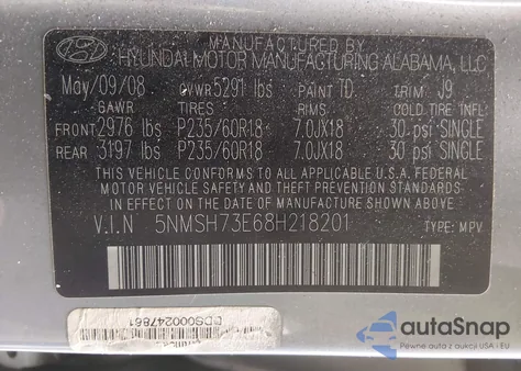2008 Hyundai Santa Fe Limited/Se from USA, damaged, VIN 5NMSH73E68H218201